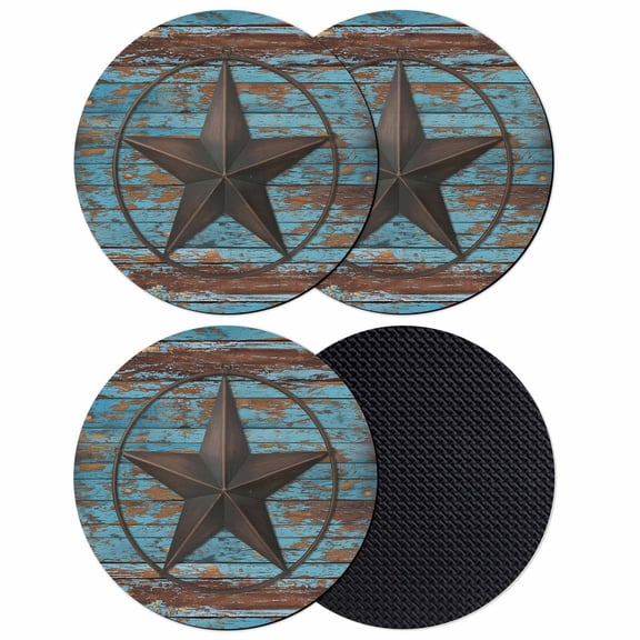 Texas Star Brown Coasters Set of 4, Absorbent Coasters for Drinks, Vintage Farm Barn Blue Wooden Texture Coaster for Desk Coffee Table Protection, Home Decor House Warming Gifts 4"
