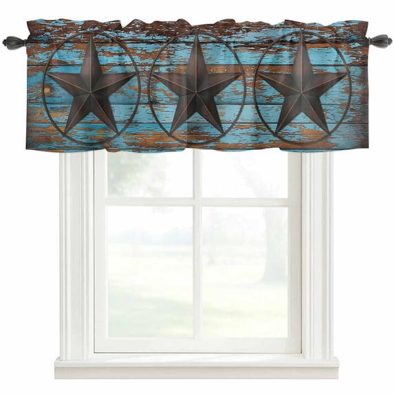 Texas Star Brown Farmhouse Short Window Curtain Valances, Vintage Farm Barn Blue Wooden Texture Rod Pocket Kitchen Valances for Living Room Bedroom Bathroom Cafe 42" x 18"