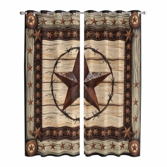Texas Star Brown Kitchen Curtains 84 Inch Length, Country Star Rustic Vintage Wooden Grommet Top Bedroom Living Room Curtains, Light Filtering Cafe Curtain Drapes 2 Panels Set 84''x84''