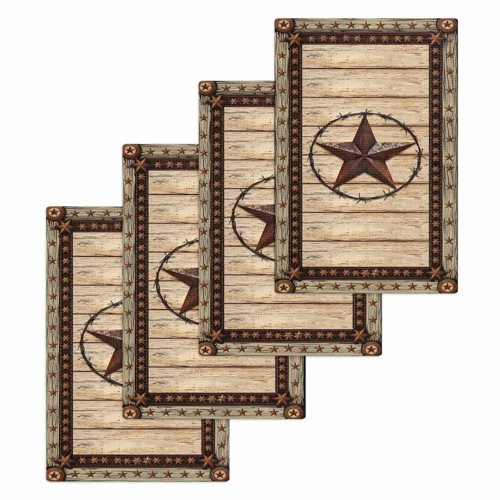 Texas Star Brown Kitchen Dish Towels for Drying Dishes Set of 4, Country Star Rustic Vintage Wooden Waffle Weave Microfiber Hand Tea Bathroom Towels Quick Dry & Absorbent Towel 15.7x23.6