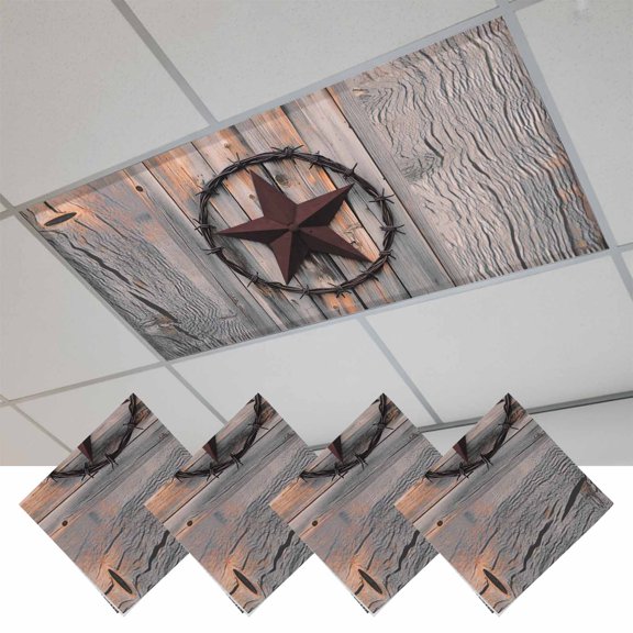 Texas Star Brown Magnetic Fluorescent Light Covers for Ceiling Lights 2x4Ft, Farmhouse Country Western Brown Wooden Office Classroom Kitchen Drop Ceiling Light Covers Filters Shade Panel 4 Packs