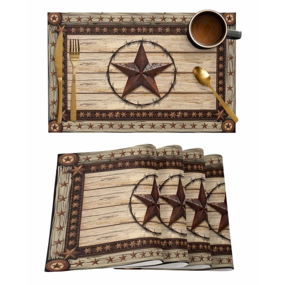 Texas Star Brown Placemats Set of 6, Country Star Rustic Vintage Wooden Placemats for Dining Table, Place Mats for Kitchen Tabletop, Waterproof Wipeable Dining Table Mats Set