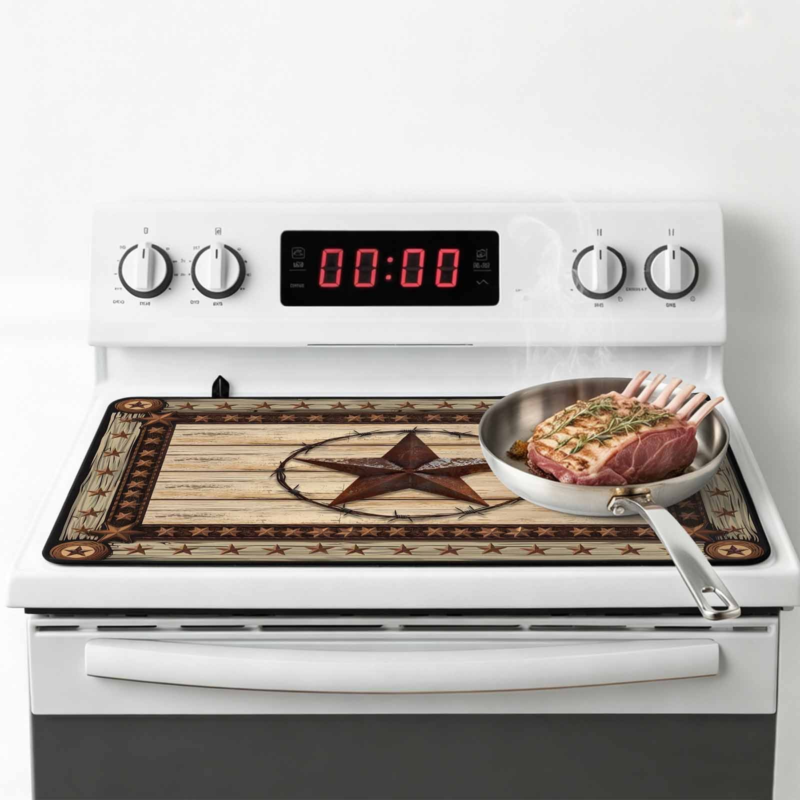 Texas Star Brown Stove Top Cover for Electric Stove, Heat-proof & Non Slip Glass Top Stove Cover Protector, Country Star Rustic Vintage Wooden Kitchen Flat Cooktop Rubber Mat 24x21 Inches