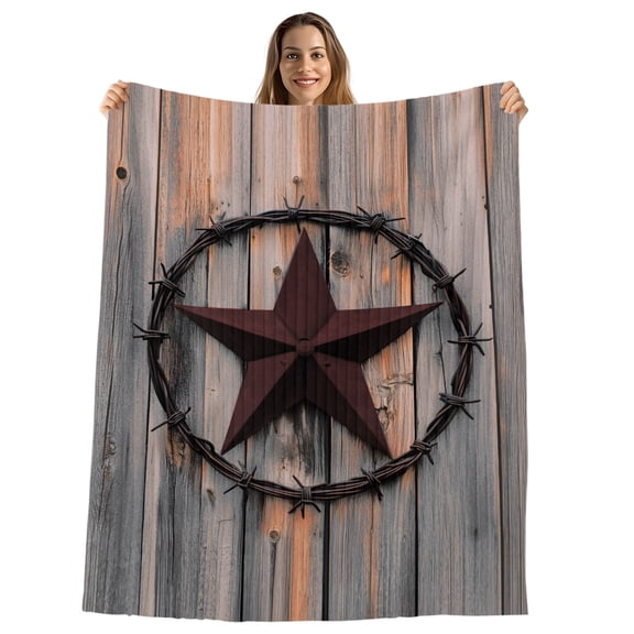 Texas Star Brown Throw Blanket, Flannel Fleece Blanket with Striped Design for Couch, Farmhouse Country Western Brown Wooden Soft Breathable All Season Plush Blankets for Sofa Office Chair 30"x40"