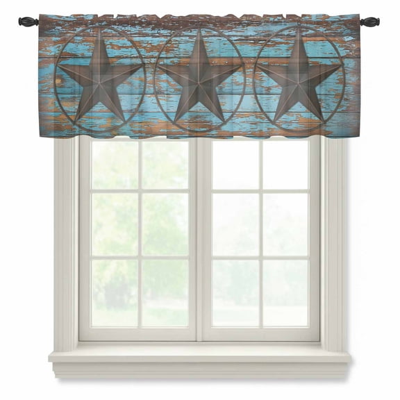 Texas Star Brown Valance Curtains for Kitchen/Living Room/Bathroom/Bedroom Window, Rod Pocket Small Topper Half Short Window Curtains Voile Sheer Scarf, Vintage Farm Barn Blue Wooden Texture 42"x12"