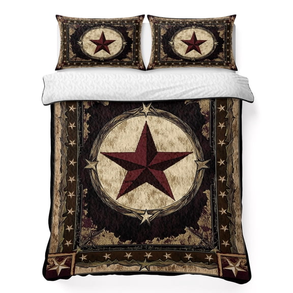 Texas Star California King Quilt Bedding Set, Western Retro Red Star Lightweight Comforter with 2 Pillow Shams Bedroom Bedspread Set Home Decor for All Seasons