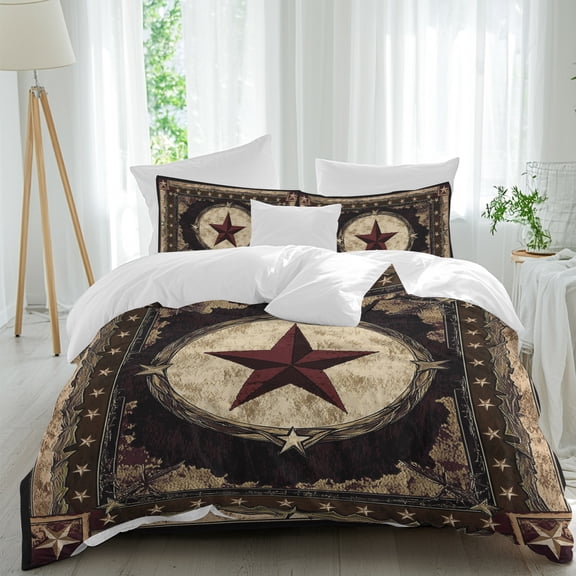 Texas Star Comforter Set Queen Size, Western Retro Red Star Rustic Farmhouse Soft Bedding Set for Man Woman, 4 Pieces Duvet Cover Set with Fitted Sheet, 2 Pillowcases