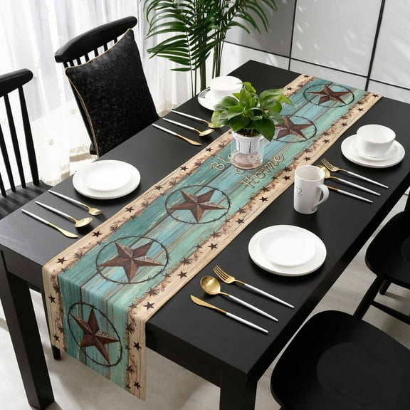 Texas Star Country Cotton Linen Long Table Runner 13 x 108 inch Western Old Wooden Board Vintage Non-slip Rectangular Dining Table Decor for Wedding Party Holiday Dinner