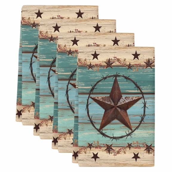 Texas Star Country Kitchen Towels Set of 4, Absorbent Microfiber Dish Tea Towels with Hanging Loop, Western Old Wooden Board Vintage Resuable Hand Towel for Home Kitchen Cooking Cleaning 18"x28"