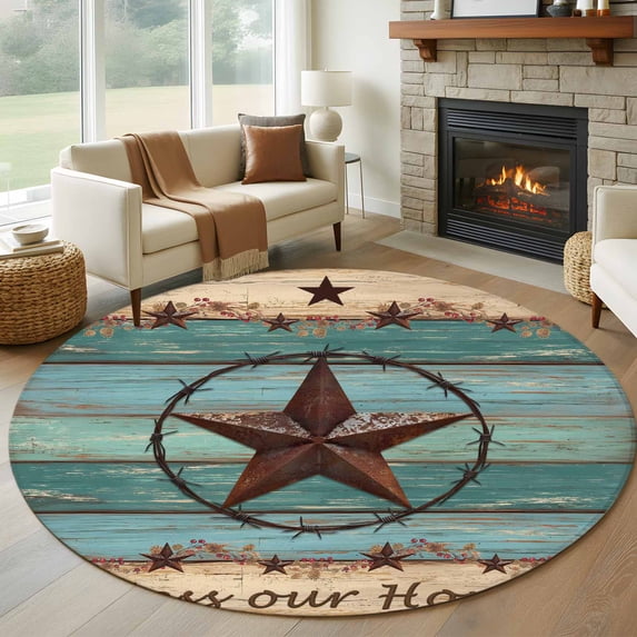 Texas Star Country Round Area Rug 7 FT, Non Slip Living Room Area Carpet, Western Old Wooden Board Vintage Washable Soft Circular Rug Non-Shedding Floor Carpet for Bedside Office Play Room Classroom