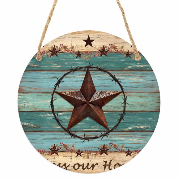 Texas Star Country Round Front Door Welcome Sign, 7.8 Inch Wall Hanging Decor for Indoor Outdoor, Western Old Wooden Board Vintage Home Porch Hanger Decorations for Holiday Gift