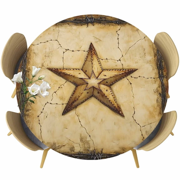 Texas Star Country Round Tablecloth 36-44 Inch Round Fitted Table Cloth with Elastic Edge, Western Stars Retro Waterproof Table Cover Protector for Outdoor Picnic Party Dining