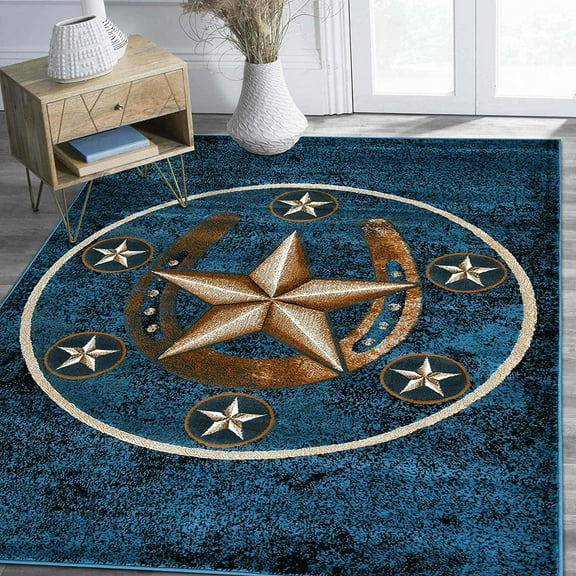 Texas Star, Cowboy Area Rug Livingroom, Dining Room & Cabin Lodge, Floor Mat, Texas Western Star Rustic, Denim Blue Brown and Multi, 8' x 10'