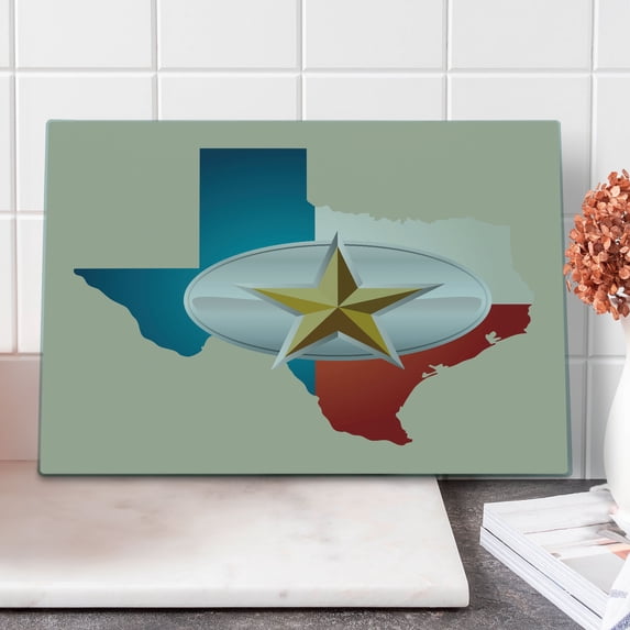 Texas Star Cutting Board, Cowboy Belt Buckle Design Map Southwestern Parts of America, Decorative Tempered Glass Cutting and Serving Board, Large Size, Multicolor, by Ambesonne