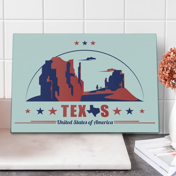 Texas Star Cutting Board, Texas State Map with Cowboy Silhouette Among Canyons Desert Design, Decorative Tempered Glass Cutting and Serving Board, Large Size, Indigo and Dark Coral, by Ambesonne