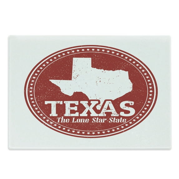 Texas Star Cutting Board, Vintage Stamp Pattern Map and the Lone Star State Written in Circular Frame, Decorative Tempered Glass Cutting and Serving Board, Large Size, Ruby and White, by Ambesonne