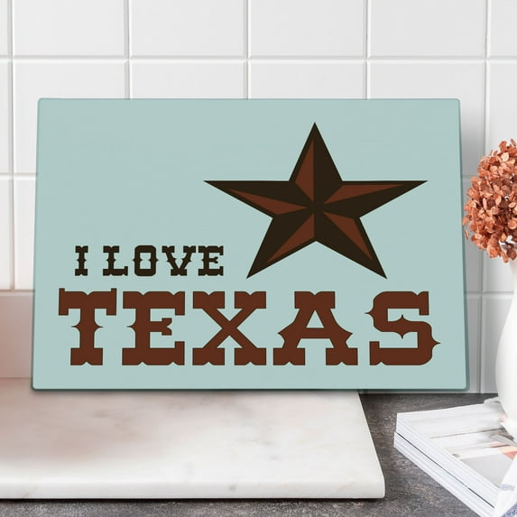 Texas Star Cutting Board, Western Culture Motifs with a Words About Southwest of United States, Decorative Tempered Glass Cutting and Serving Board, Large Size, Dark Brown and Brown, by Ambesonne