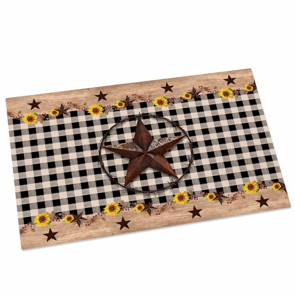 Texas Star Door Mat 16x24 Inch Country Star Sunflower Vintage Plaid Wood Grain Entryway Rug with Non-Slip Rubber, Front Door Rug Indoor Floor Mats for Living Room Bathroom Bedroom Home Office