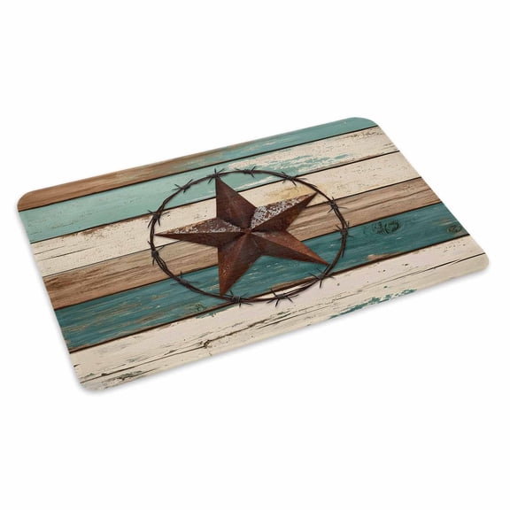 Texas Star Doormat Outdoor Entrance 16"x24", Country Teal Brown Farmhouse Wooden Absorb Moisture Dirt Door Mats, Non-Slip Rubber Backing Floor Mats Indoor, Low-Profile Front Door Rugs