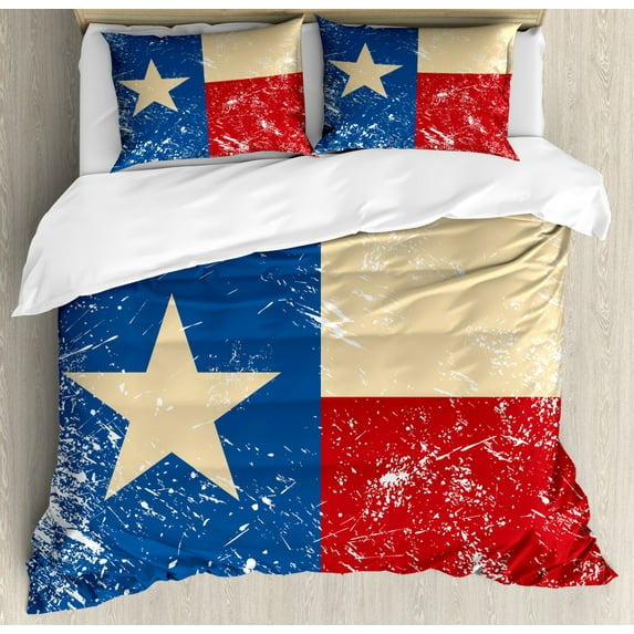 Texas Star Duvet Cover Set King Size, Grunge Flag Illustration with Lone Star Retro Independence Sign, Decorative 3 Piece Bedding Set with 2 Pillow Shams, Vermilion Beige Navy Blue, by Ambesonne