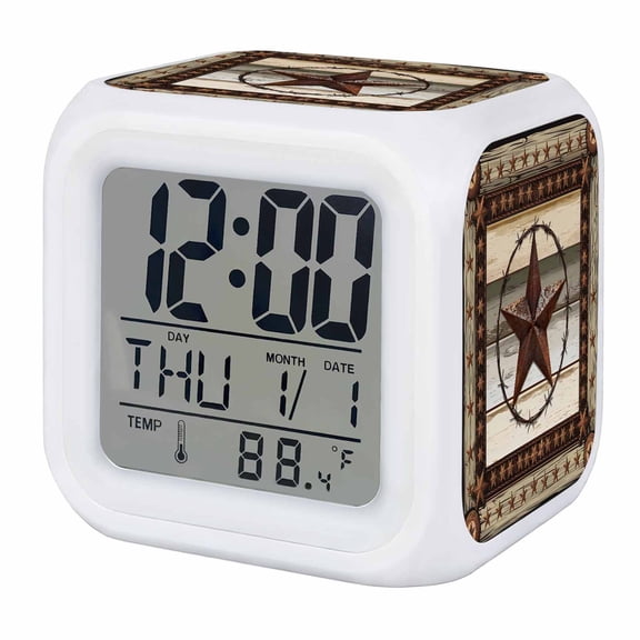 Texas Star Farm Digital Alarm Clock for Bedrooms,Smart LED Alarm Clock with 7 Color Changing Night Light,Vintage Country Star Brown Wood Grain Silent Wake Up Clocks for Sleep Study Cooking 3.2"x3.2"