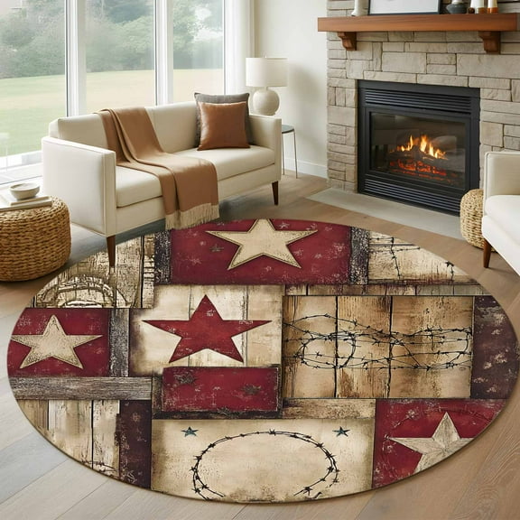 Texas Star Farm Round Area Rug 6 FT, Non Slip Bedroom Area Rug, Country Wood Grain Vintage Western Washable Soft Circular Carpet Non-Shedding Floor Mat for Kitchen Dining Room Home Office Kids Room