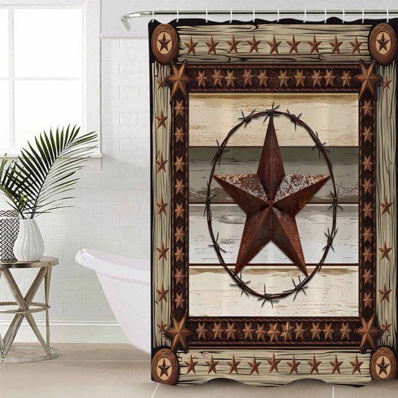 Texas Star Farm Shower Curtain Set, Waterproof Shower Curtains for Bathroom, Vintage Country Star Brown Wood Grain Washable Fabric Cloth Bath Curtain for Bathtub Decoration with Hooks 66x72 Inches