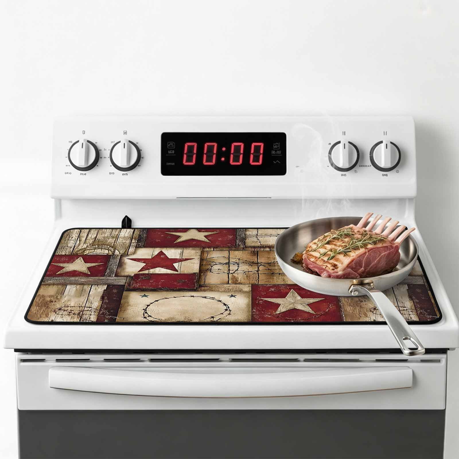 Texas Star Farm Stove Top Cover for Electric Stove, Heat-proof & Non Slip Glass Top Stove Cover Protector, Country Wood Grain Vintage Western Kitchen Flat Cooktop Rubber Mat 24x21 Inches