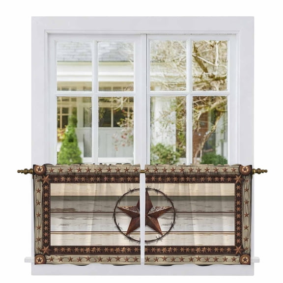 Texas Star Farm Tier Curtains, Vintage Country Star Brown Wood Grain Light Filtering Kitchen Curtains, 2Pcs Rod Pocket Half Window Treatments Panels for Sink Cafe Cabinet Camper 27.5x24 Inches