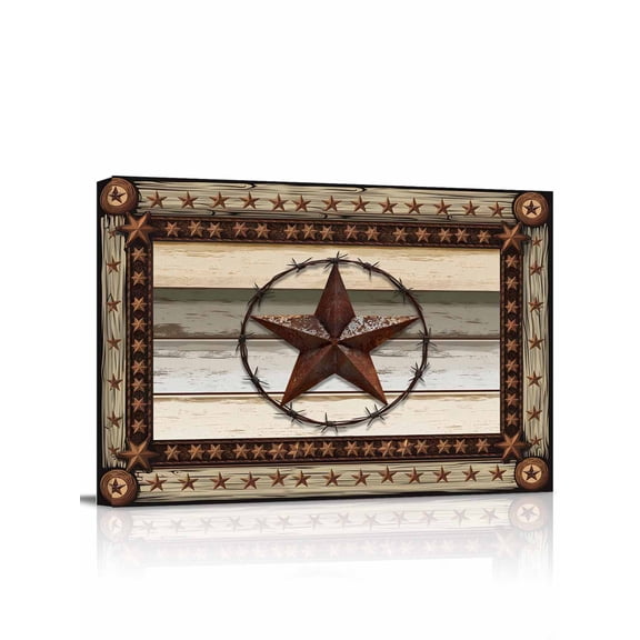 Texas Star Farm Wall Art for Living Room,Canvas Picture Wall Decor for Bathroom Bedroom,Vintage Country Star Brown Wood Grain Painting Artwork for Office Kitchen Hallway Dining Room Decor 12"x16"