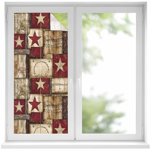 Texas Star Farm Window Privacy Film, Country Wood Grain Vintage Western Static Cling UV Sun Blocking Heat Control Window Tint Day and Night, Non-Adhesive One Way Windows Privacy Cover 17.7''x39.3''