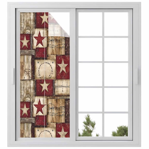 Texas Star Farm Window Privacy Film, Country Wood Grain Vintage Western Static Cling UV Sun Blocking Heat Control Window Tint Day and Night, Non-Adhesive One Way Windows Privacy Cover 23.6''x59''