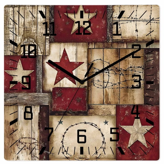 Texas Star Farm Wooden Wall Clock Silent Non Ticking, Country Wood Grain Vintage Western Square Wall Clocks Battery Operated, Decor Clock for Home Office, Living Room, Kitchen, 10 Inch