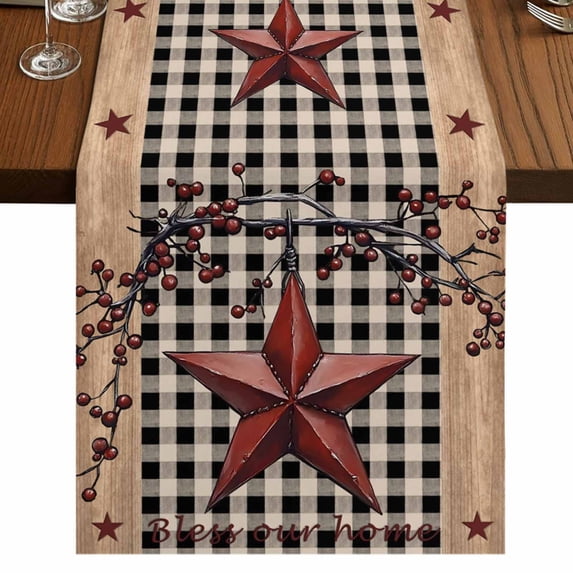 Texas Star Farmhouse 108 Inch Table Runner, Rustic Black Plaid Berry Wooden Farmhouse Dresser Scarf Cotton & Linen Tablerunner for Dining/Kitchen Island/Holiday Party Décor 13" x 108"
