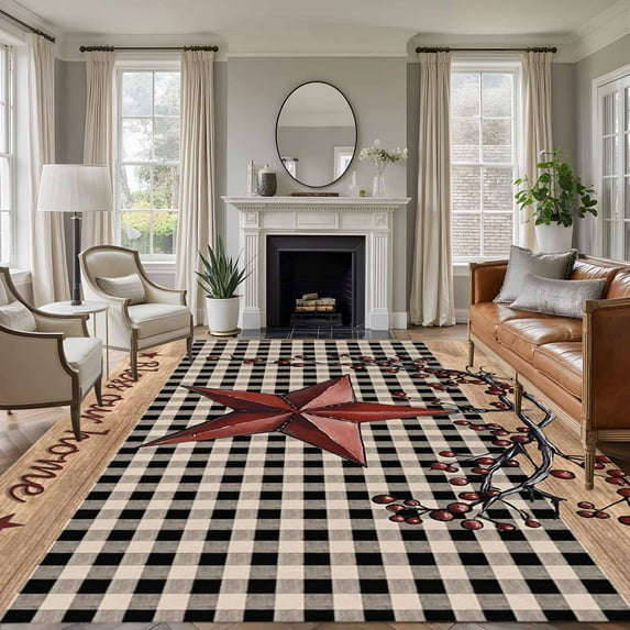 Texas Star Farmhouse Area Rugs 5'x8', Washable Small Throw Rugs for Classroom Bedroom, Rustic Black Plaid Berry Wooden Indoor Outdoor Rug Non-Slip Low Pile Carpet Runner Reversible Floor Mats