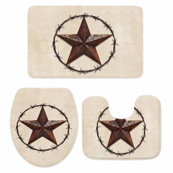 Texas Star Farmhouse Bath Mat 3 Piece Bathroom Rug Set, Western Country Stars Retro Non Slip Bath Rug Contour Mat and Toilet Lid Cover, Absorbent Shower Mats Soft Bath Rugs and Mats Sets