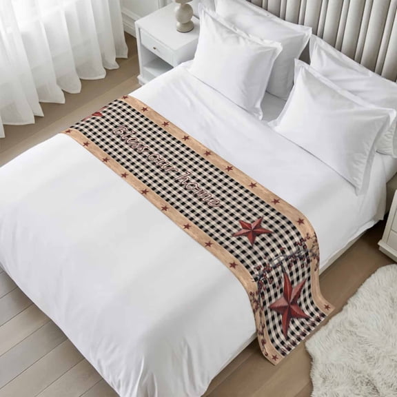 Texas Star Farmhouse Bed Runner Scarf Twin Size, Rustic Black Plaid Berry Wooden Luxury Bed Throw Runners & Scarves for Twin Full Queen King Foot of Beds, Bedroom Hotel Decoration, 71"x20"