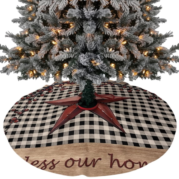 Texas Star Farmhouse Christmas Tree Skirt 36 Inches, Rustic Black Plaid Berry Wooden Xmas Trees Skirt Mat Cover Decorations for Holiday Party Indoor Outdoor