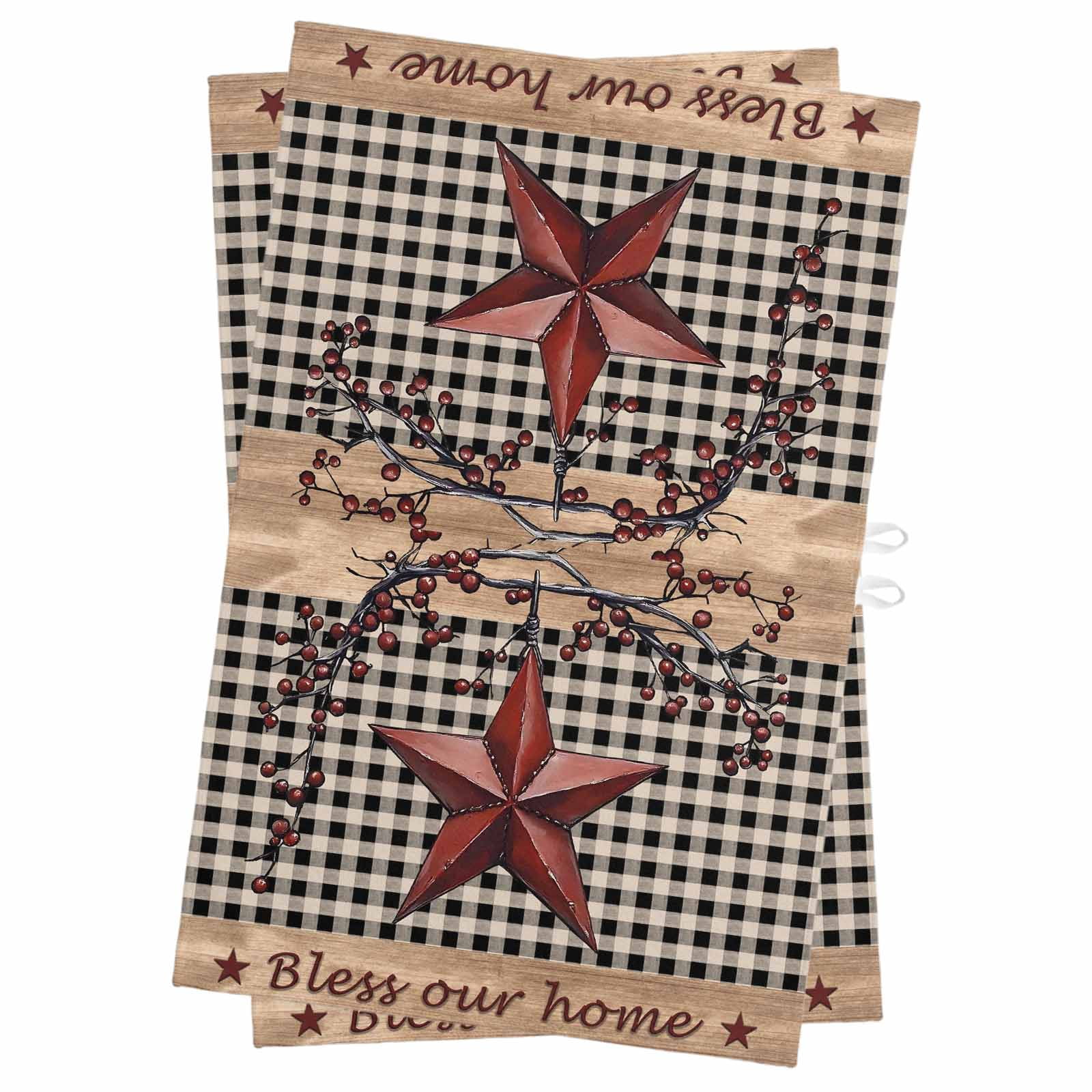 Texas Star Farmhouse Kitchen Towels Set of 2, Water Absorbent Dish Towel, Rustic Black Plaid Berry Wooden Decorative Hand Towels - Quick Drying Cloth for Cooking Baking, 18x28 Inch