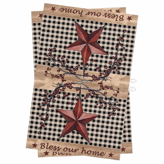 Texas Star Farmhouse Kitchen Towels Set of 2, Water Absorbent Dish Towel, Rustic Black Plaid Berry Wooden Decorative Hand Towels - Quick Drying Cloth for Cooking Baking, 18x28 Inch