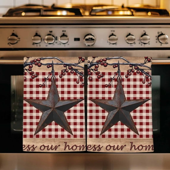 Texas Star Farmhouse Kitchen Towels Set of 3, Rustic Red Plaid Berry Wooden Absorbent Dish Towels for Kitchen, Microfiber Hand Towel, Quick Drying Tea Towel for Cleaning Decorative Dishcloths