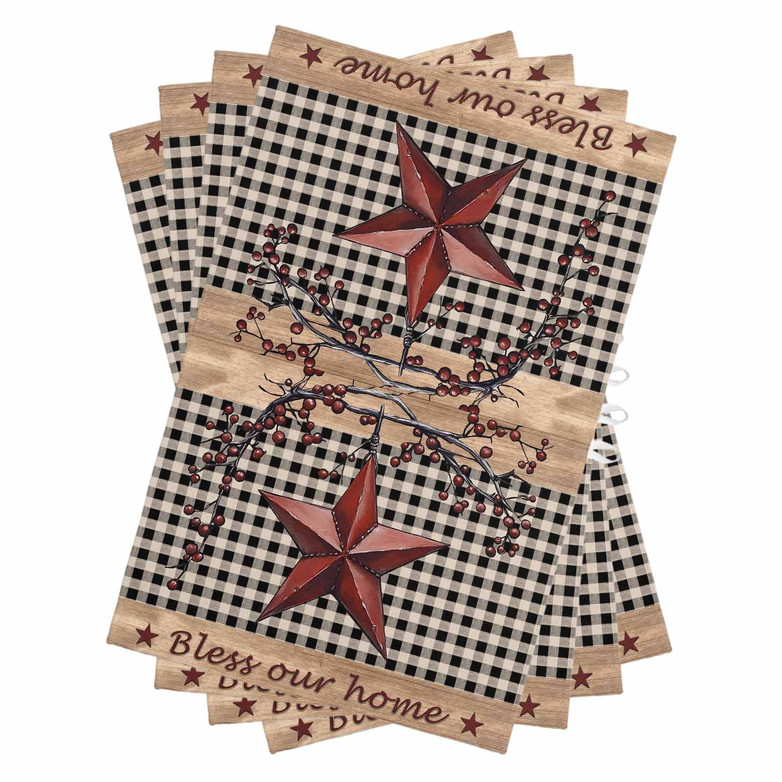 Texas Star Farmhouse Kitchen Towels Set of 4, Water Absorbent Dish Towel, Rustic Black Plaid Berry Wooden Decorative Hand Towels - Quick Drying Cloth for Cooking Baking, 18x28 Inch