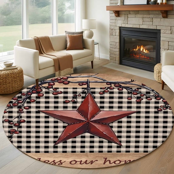 Texas Star Farmhouse Round Area Rug 7Ft Washable Circle Rugs for Dorm Laundry Room, Rustic Black Plaid Berry Wooden Non-Slip Carpet Floor Mats Indoor Outdoor Carpet Runner Aesthetic Home Decor
