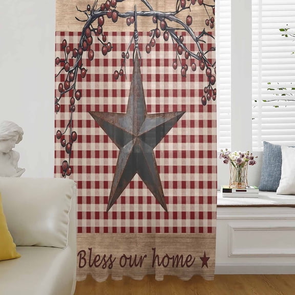 Texas Star Farmhouse Sheer Curtains 45 Inches Long for Living Room/Bedroom, Rustic Red Plaid Berry Wooden Rod Pocket Voile Kitchen Curtains & Drapes Window Treatment 1 Panel, 52"W x 45"L