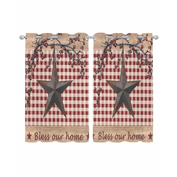 Texas Star Farmhouse Sheer Curtains 54 Inch Length 2 Panels Set for Living Room/Bedroom, Rustic Red Plaid Berry Wooden Kitchen Curtains Grommet Semi-Sheer Curtains Drapes Window Treatments 42"x54"x2