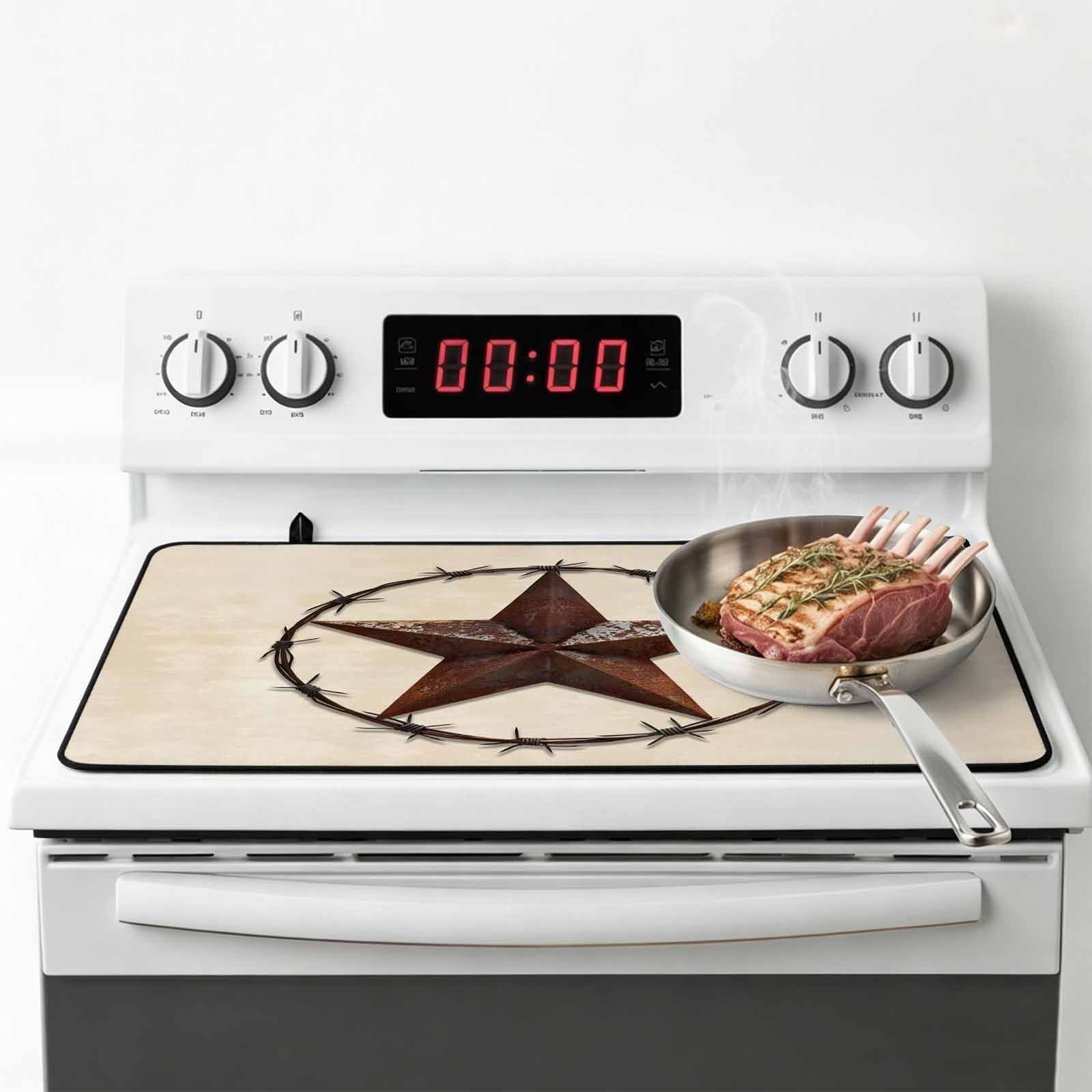 Texas Star Farmhouse Stove Top Cover for Electric Stove, Heat-proof & Non Slip Glass Top Stove Cover Protector, Western Country Stars Retro Kitchen Flat Cooktop Rubber Mat 24x21 Inches