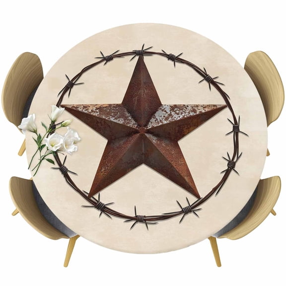 Texas Star Farmhouse Table Cloth, Round Fitted Tablecloths with Elastic Edge, Western Country Stars Retro Wipeable Waterproof Table Cover for Kitchen Wedding 36-44 Inches