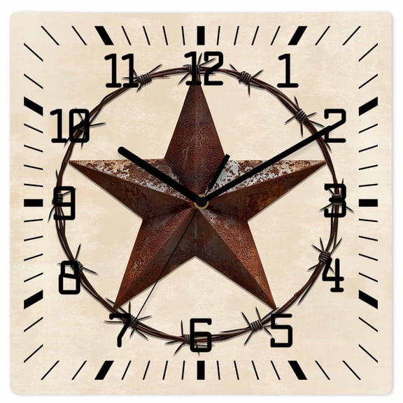 Texas Star Farmhouse Wooden Wall Clock Silent Non Ticking, Western Country Stars Retro Square Wall Clocks Battery Operated, Decor Clock for Home Office, Living Room, Kitchen, 12 Inch