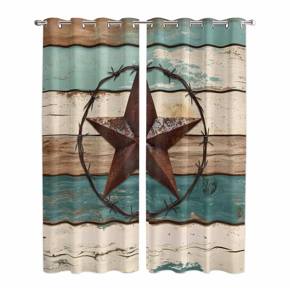 Texas Star Kitchen Curtains 96 Inch Length, Country Teal Brown Farmhouse Wooden Grommet Top Bedroom Living Room Curtains, Light Filtering Cafe Curtain Drapes 2 Panels Set 104''x96''