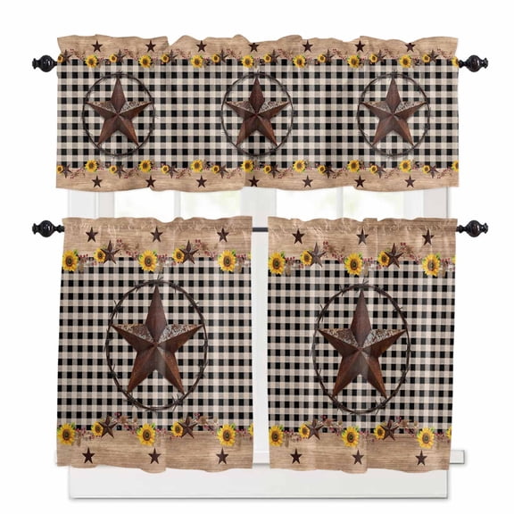 Texas Star Kitchen Curtains and Valances Set, Country Star Sunflower Vintage Plaid Wood Grain Rod Pocket Window Valance Window Curtain Panels for Living Room Bedroom Laundry, 27.5x36in, 3 Pieces